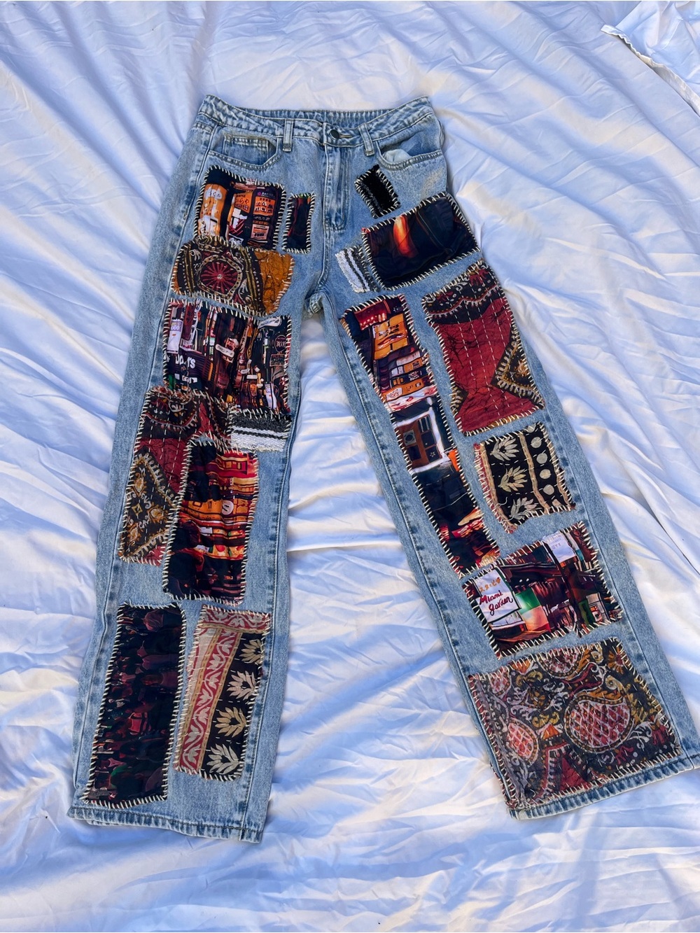 Upcycled patchwork wide leg jeans cityscape boho festival one of a kind Tokyo